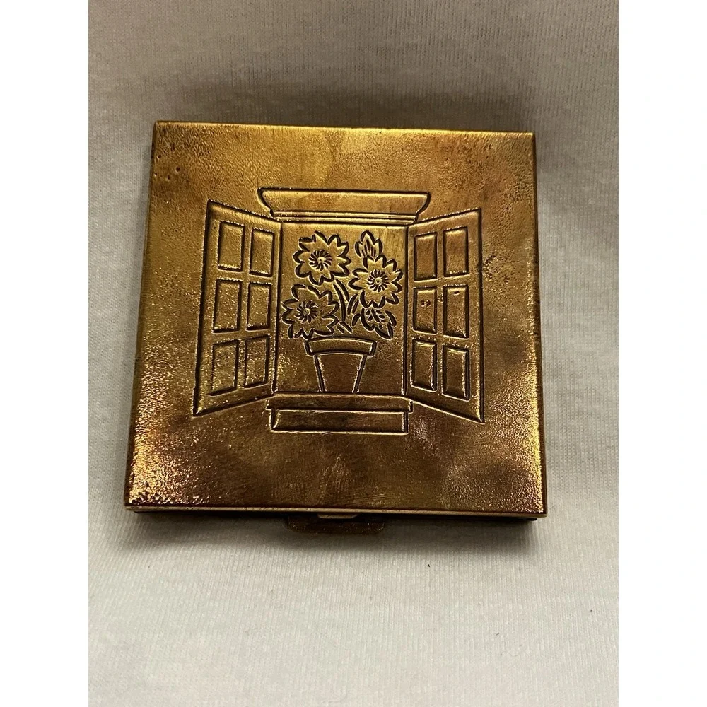 VTG Brass Art Deco Embossed Flower Pot Window Compact Purse Mirror Square